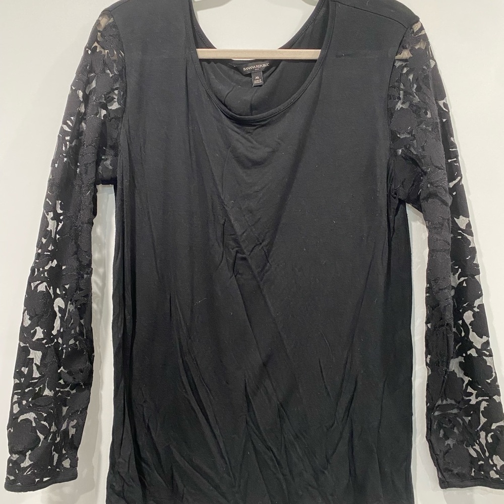 Banana Republic Elegant Black Blouse with Lace Sleeves